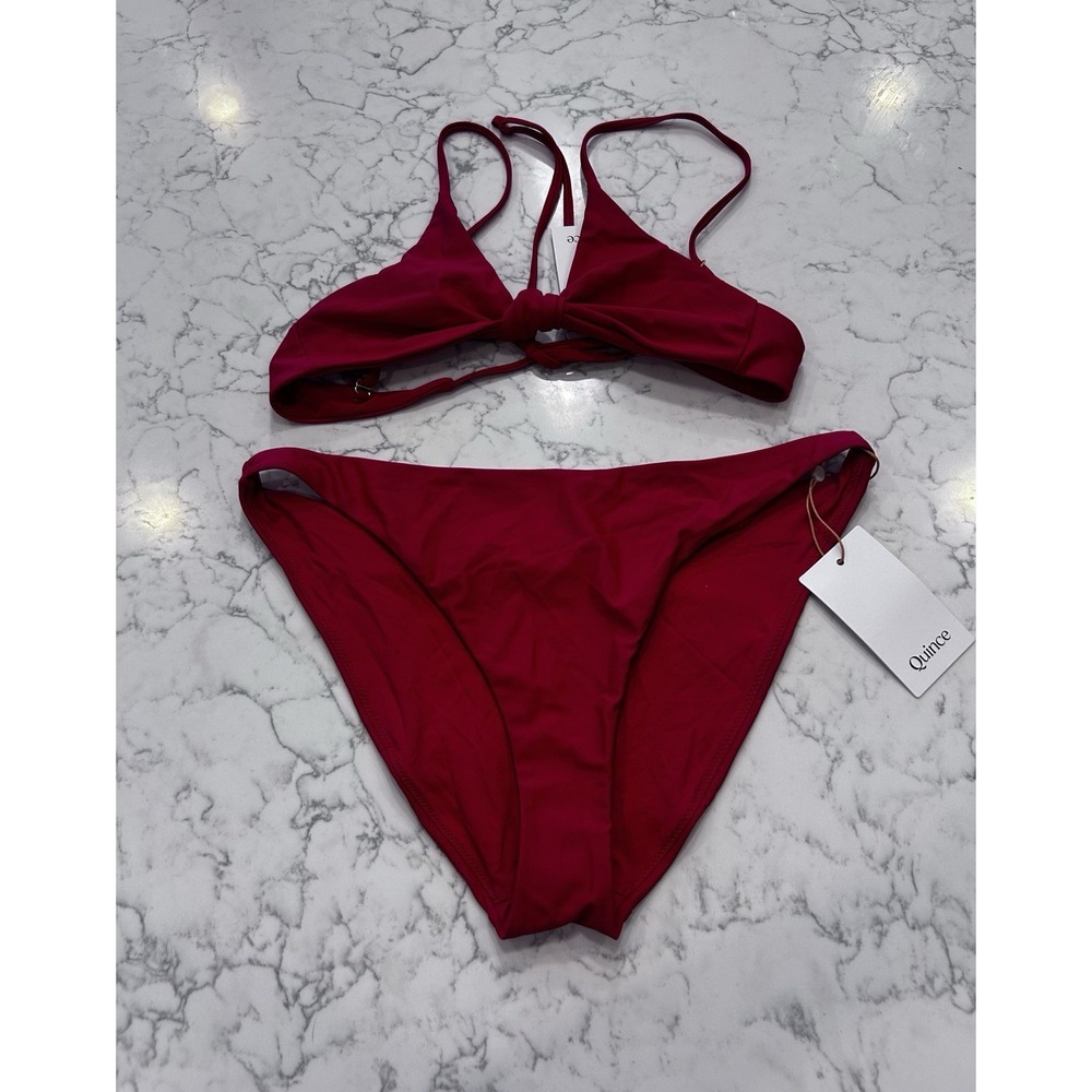 NWT‎ Quince Cherry Red Knot Tie Bikini Top & Italian Low Rise Bottoms Set Medium